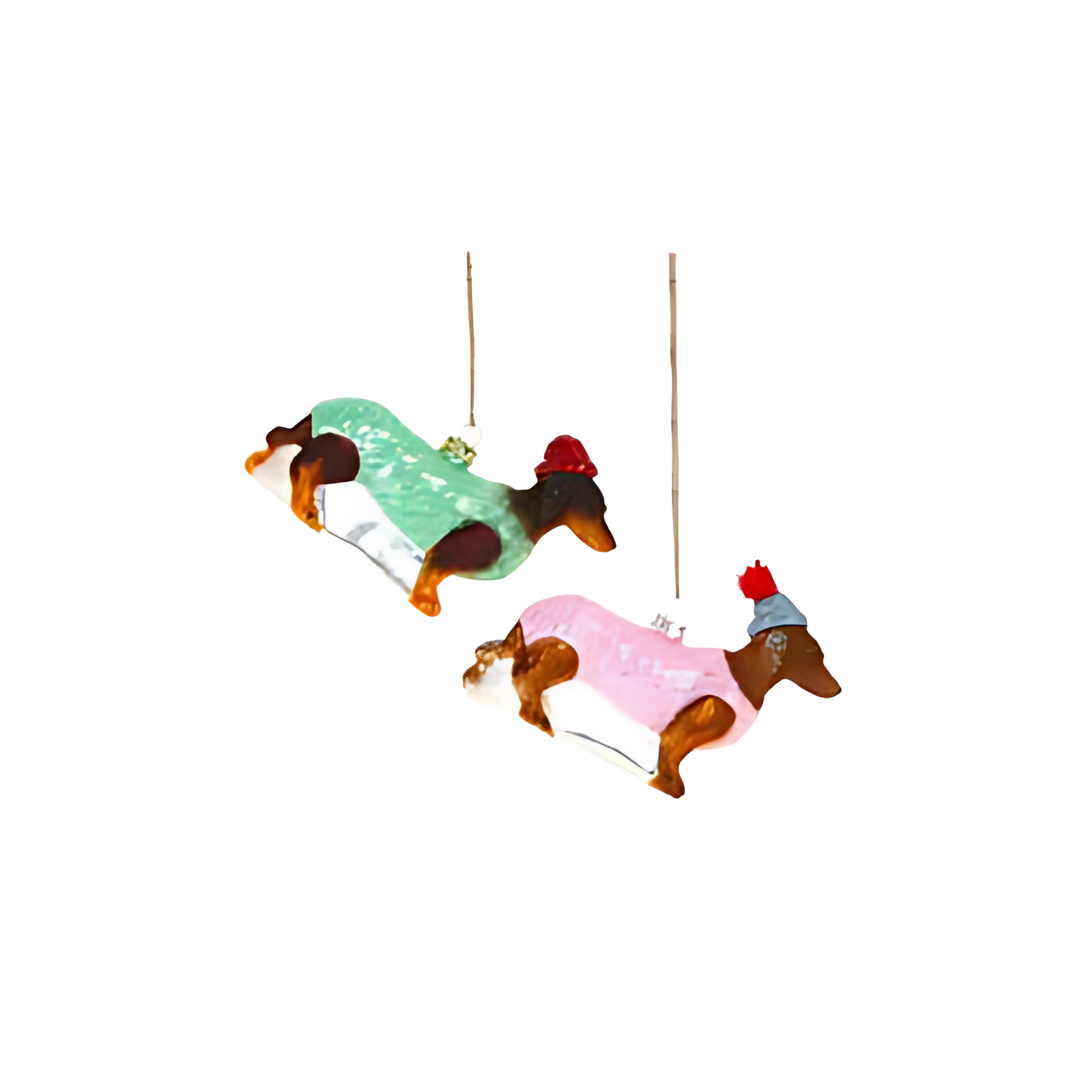 Cody Foster winter dachshund ornaments from Mood by DMJ, adorable dog holiday ornaments with cozy winter outfits