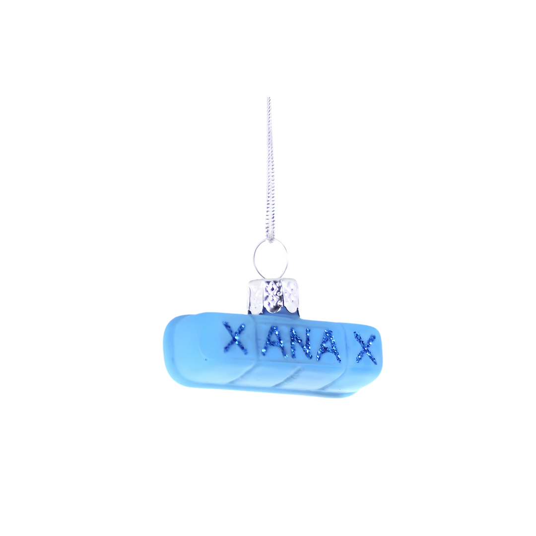 Cody Foster extra strength Xanax pill ornament from Mood by DMJ, humorous glass capsule holiday decoration, novelty Christmas décor
