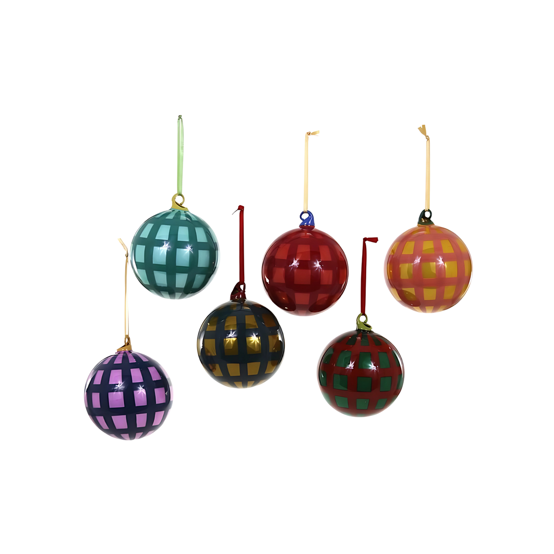 Cody Foster gingham ornaments from Mood by DMJ, playful patterned holiday baubles in colorful checks, whimsical Christmas décor