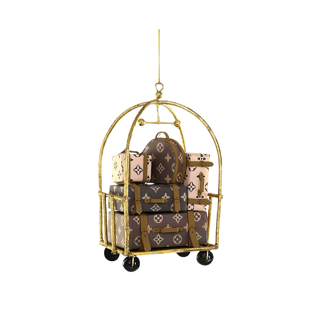 Cody Foster luxury hotel luggage cart ornament from Mood by DMJ, detailed bellhop cart with chic suitcases, whimsical Christmas tree decoration