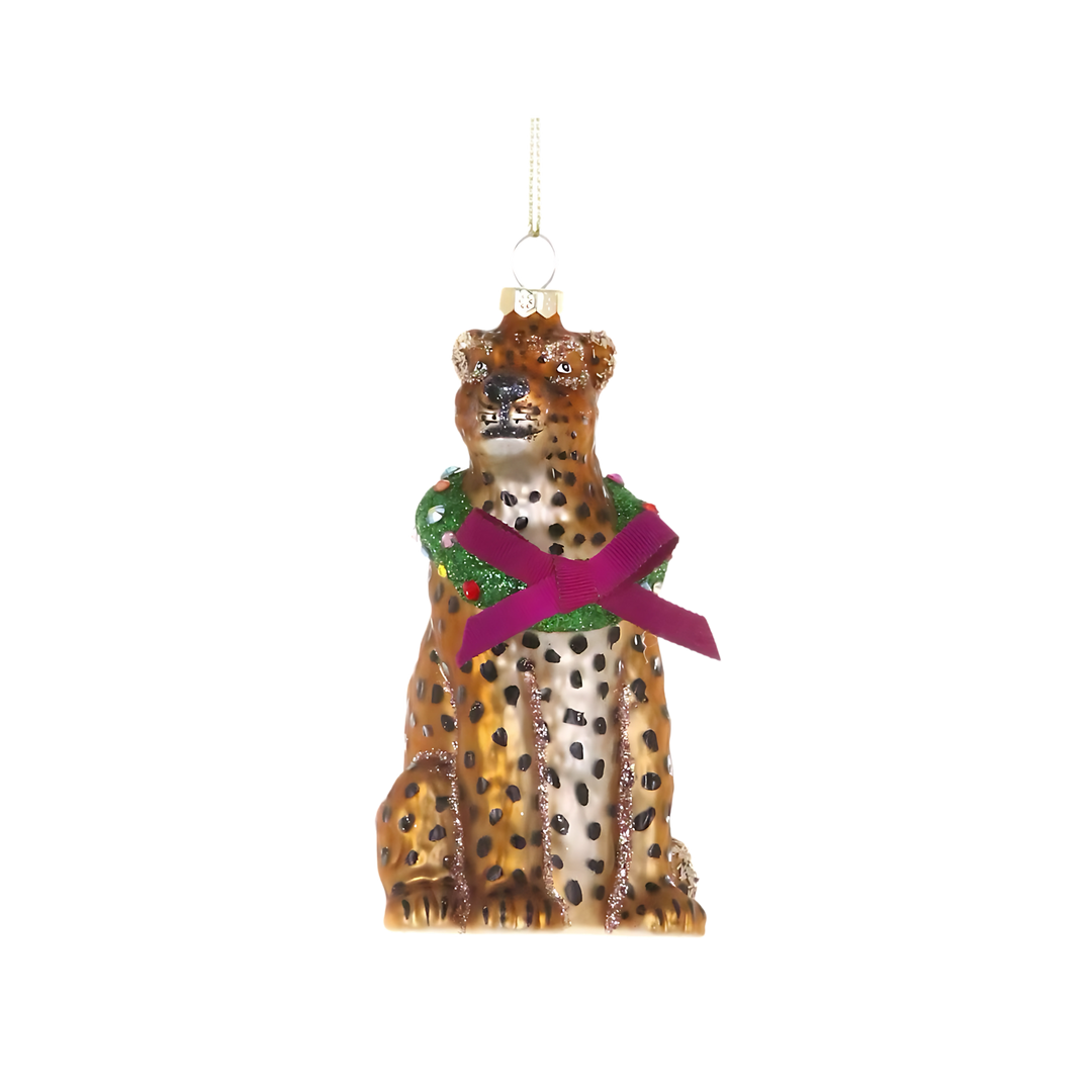 Cody Foster merry leopard ornament from Mood by DMJ, playful leopard holiday decoration with festive details, glamorous animal-inspired Christmas décor