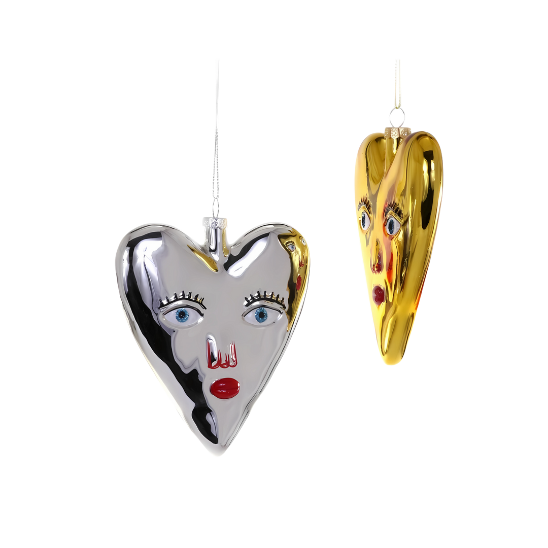 Cody Foster Mi Amor heart ornaments from Mood by DMJ, romantic silver and gold glass heart holiday decorations, elegant Christmas décor