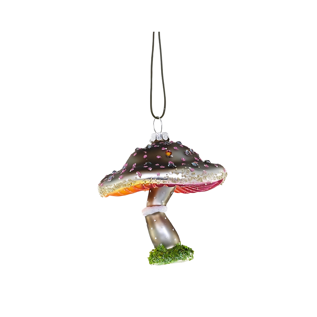 Cody Foster mushroom ornament from Mood by DMJ, whimsical glass holiday ornament with glitter accents, woodland-inspired Christmas décor