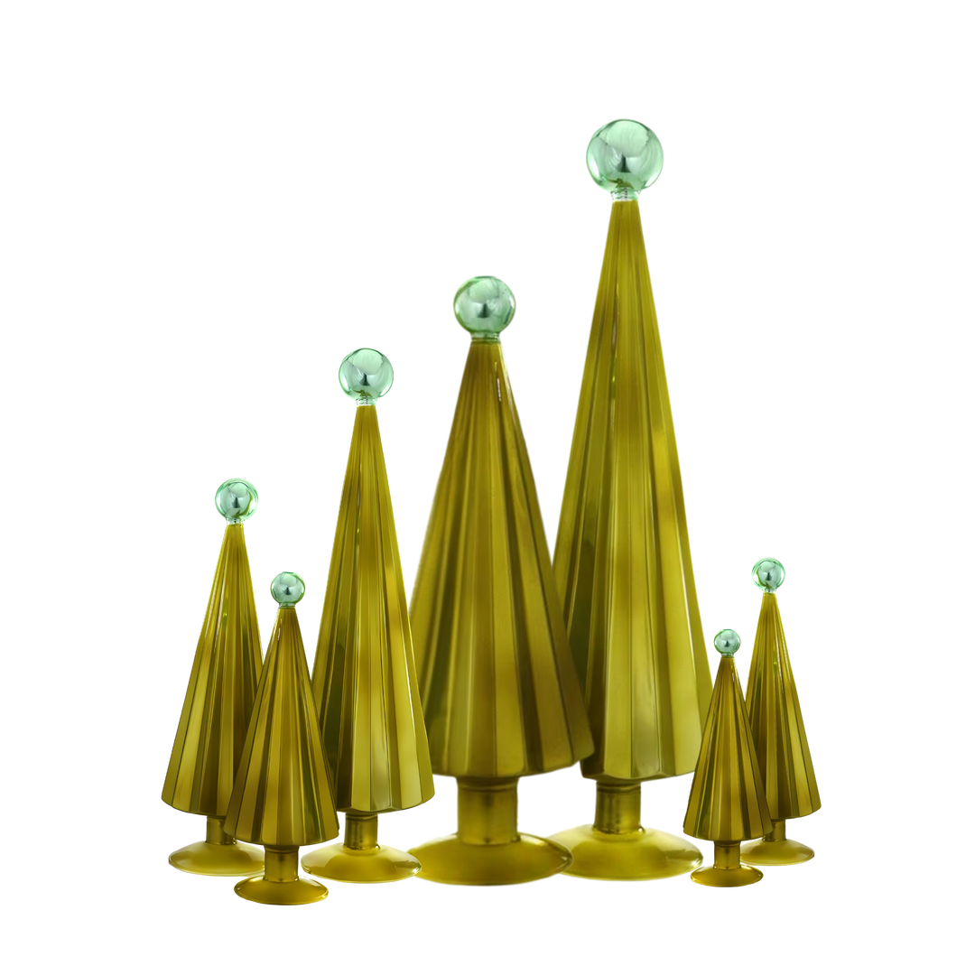 Cody Foster pleated tabletop tree in moss and aqua from Mood by DMJ, retro-inspired holiday décor with bold pleated design