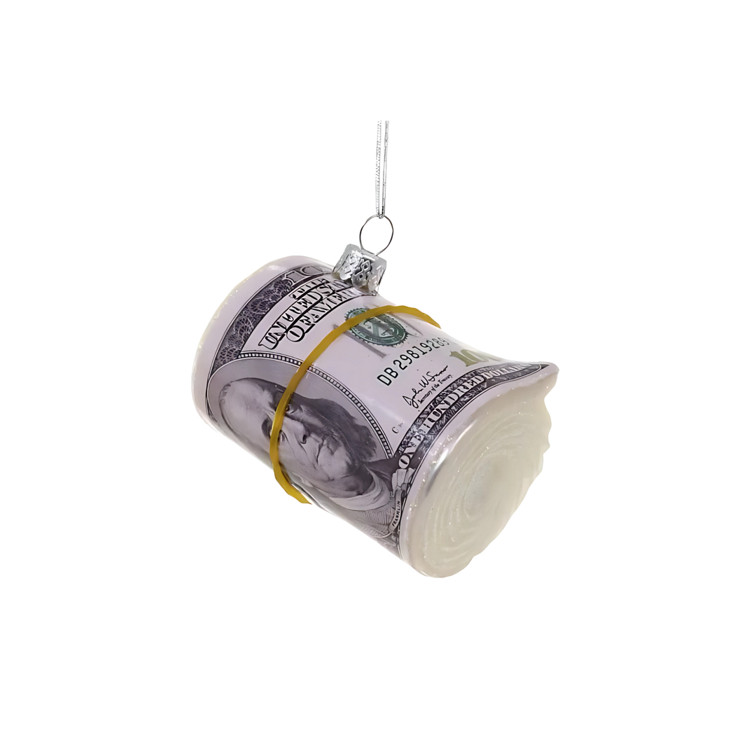 Cody Foster roll of cash ornament from Mood by DMJ, novelty holiday ornament shaped like stacked dollar bills, playful glamorous décor