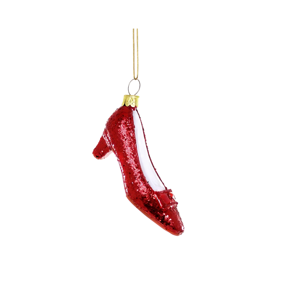Cody Foster ruby red slippers ornament from Mood by DMJ, glittering Wizard of Oz shoe holiday decoration, iconic Christmas ornament