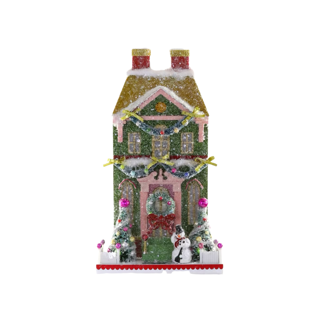 Cody Foster snowman manor Christmas village from Mood by DMJ, charming holiday house with snowman accents and glitter décor