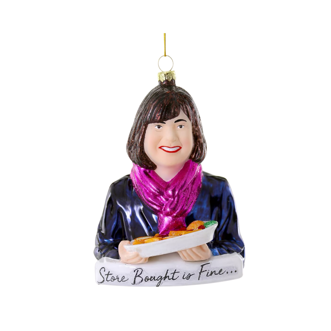 Cody Foster Store Bought is Fine ornament from Mood by DMJ, glass Christmas ornament with humorous quote and plate of food, witty holiday décor