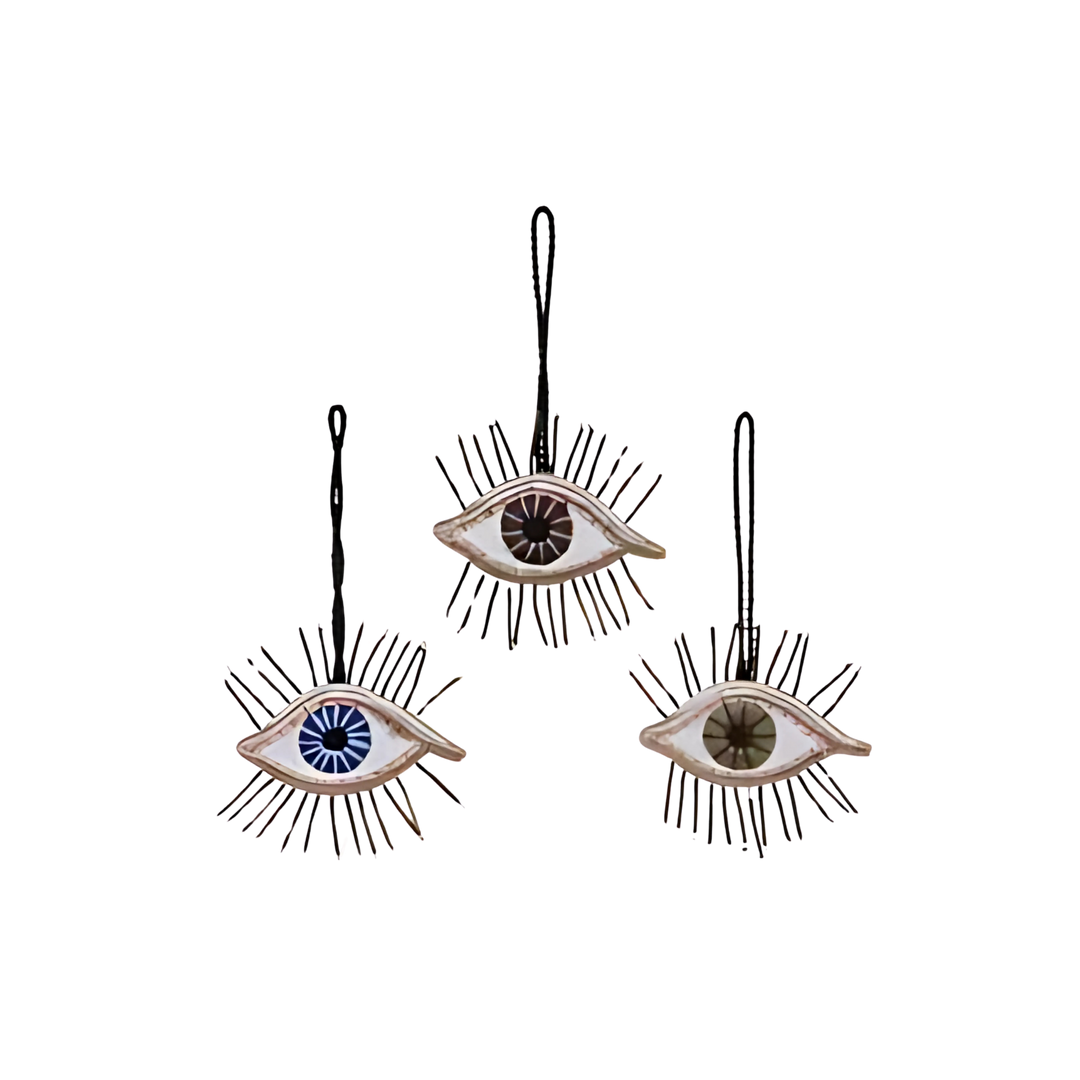 Cody Foster ethereal eye ornaments from Mood by DMJ, mystical beaded eye-shaped Christmas decorations, eclectic holiday décor