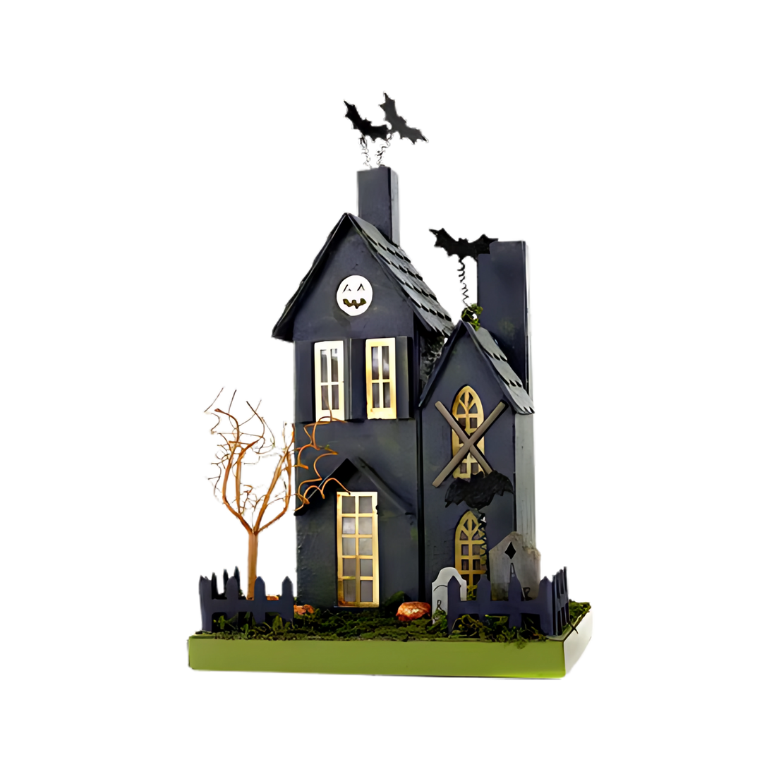 Cody Foster jack-o'-lantern haunted house from Mood by DMJ, festive Halloween tabletop decoration with glowing pumpkin faces