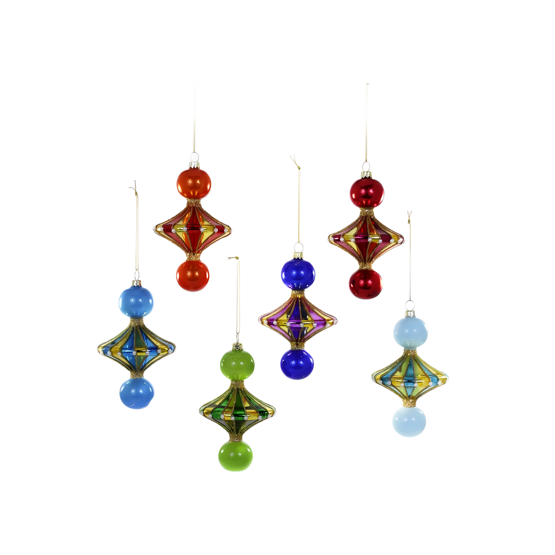 Cody Foster Merry and Bright spindle ornaments from Mood by DMJ, colorful retro glass spindle Christmas ornaments, vibrant holiday décor