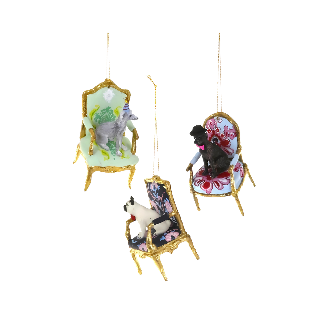 Cody Foster posh pups ornaments from Mood by DMJ, adorable dog holiday ornaments dressed in chic outfits, playful Christmas décor