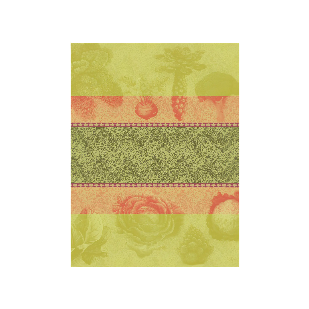 Cabbage Garden Kitchen Towel by Le Jacquard Français - green and coral cotton tea towel with cabbage and vegetable jacquard design