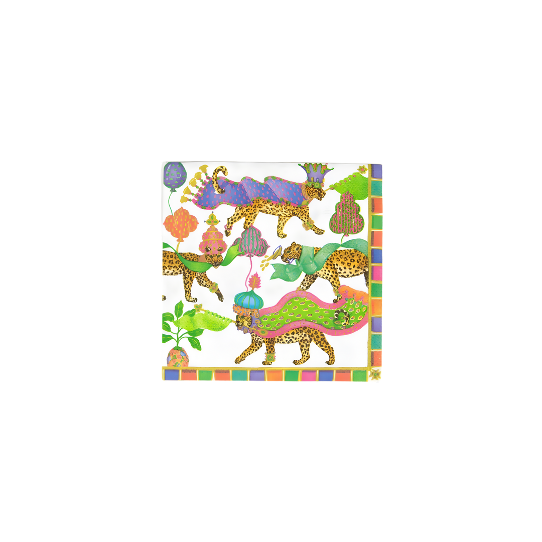 Caspari Kasbah Paper Cocktail Napkins – Set of 20 featuring Mardi Gras-inspired leopards in jewel-tone colors