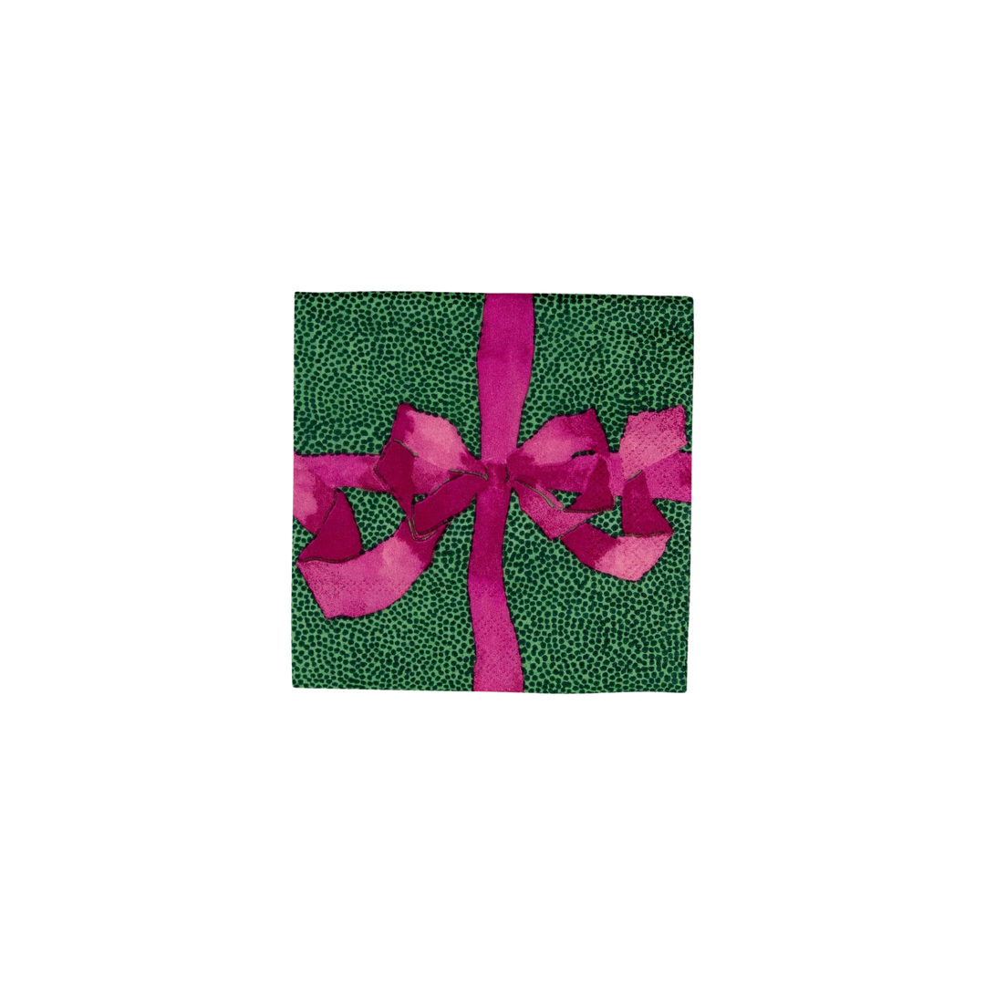 Caspari Green Tied with a Plum Bow Paper Cocktail Napkins – Set of 20 featuring plum ribbon and bow on green background