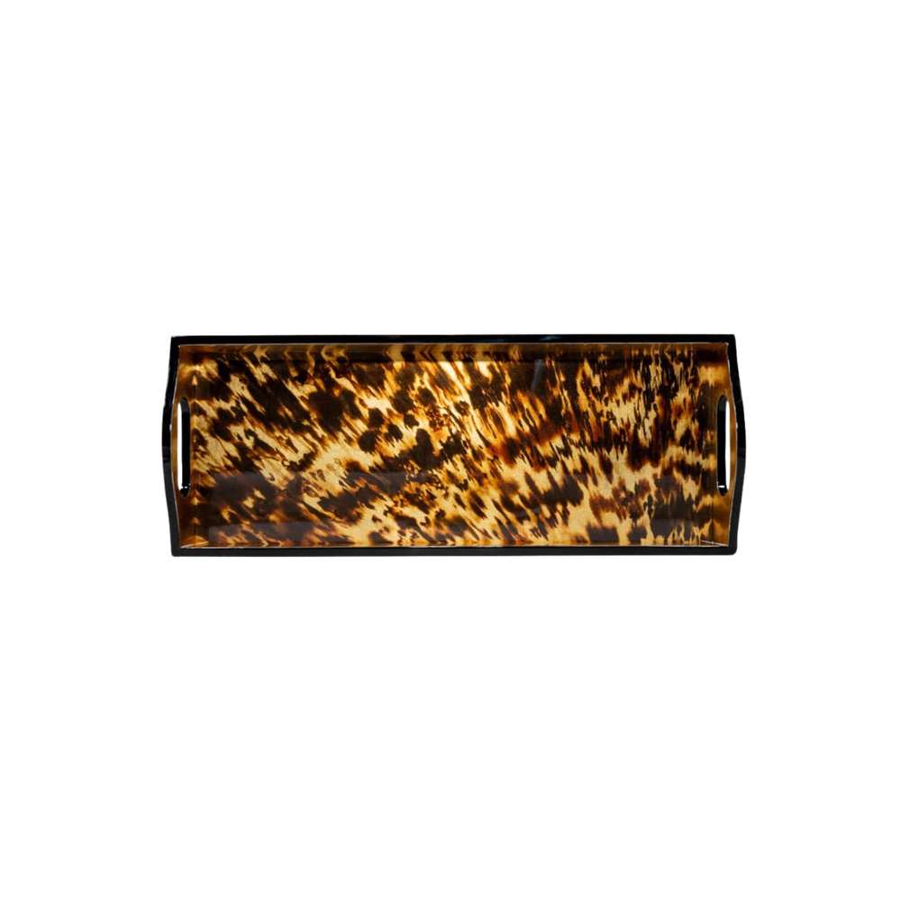 Caspari Tortoiseshell Lacquer Bar Tray – rectangular high-gloss tray with rich tortoiseshell finish and black lacquer border