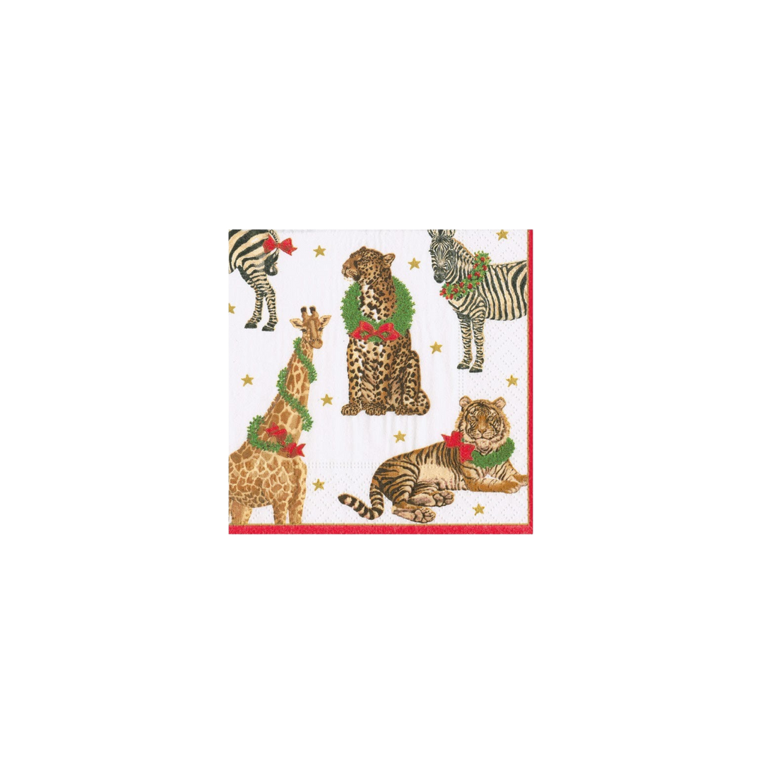 Caspari Wild Christmas Paper Cocktail Napkins – Set of 20 featuring festive jungle animals in holiday wreaths
