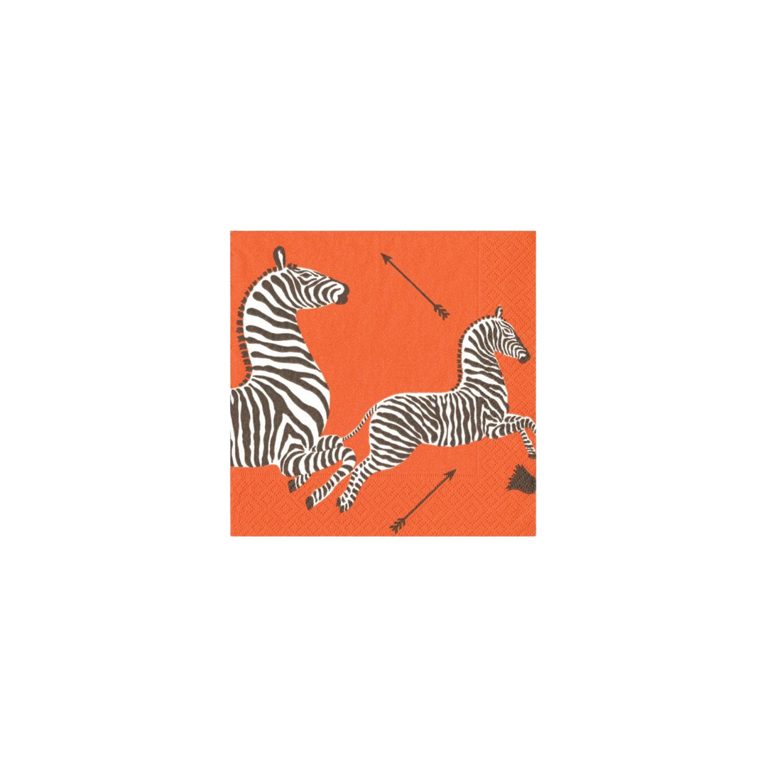 Caspari Zebra Orange Paper Cocktail Napkins – Set of 20 featuring zebras on orange background with arrows