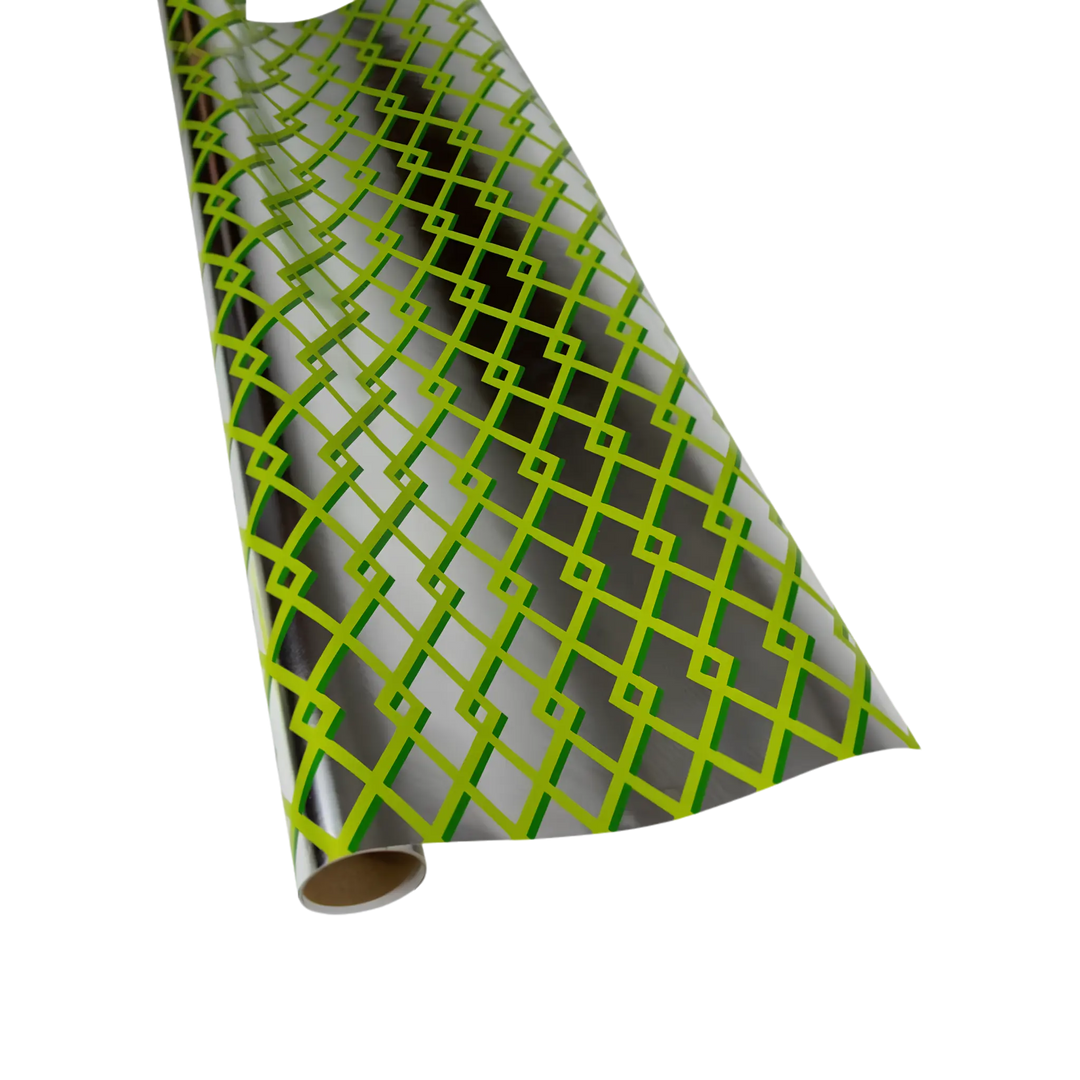 Caspari green and silver foil trellis wrapping paper roll with festive metallic shine