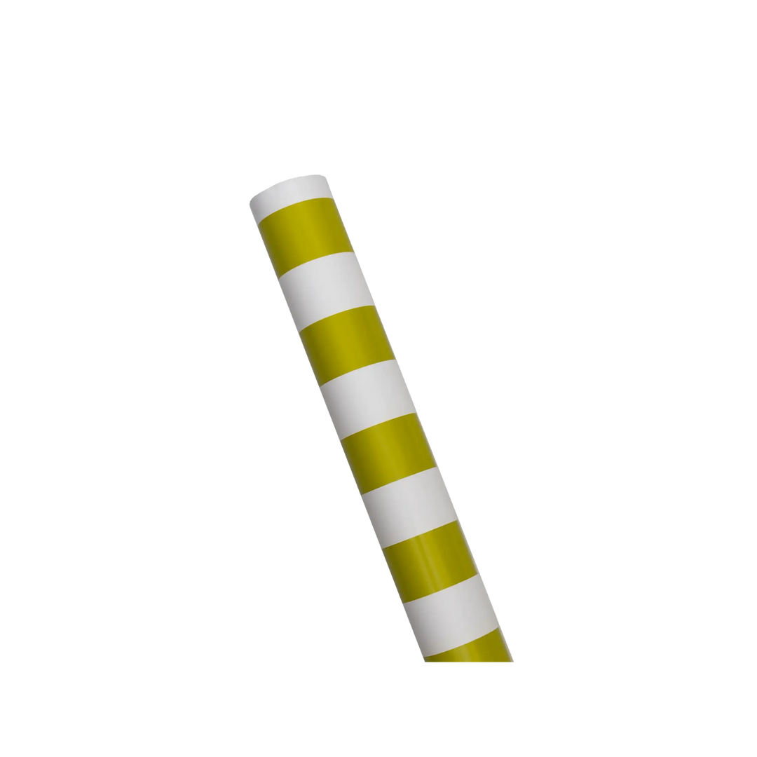 Chartreuse and white wrapping paper roll with a bold awning stripe pattern