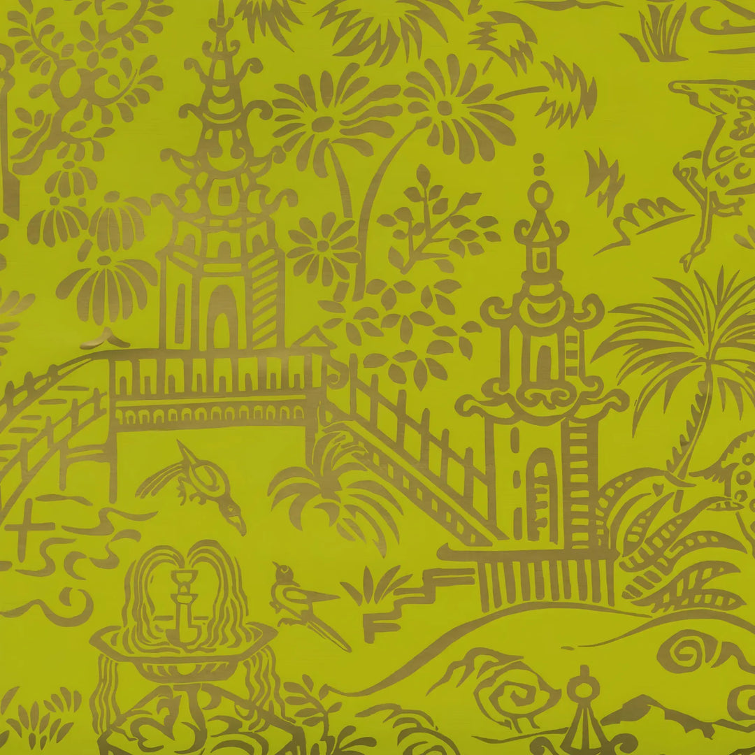 Chartreuse and gold pagoda toile wrapping paper roll with chinoiserie garden design