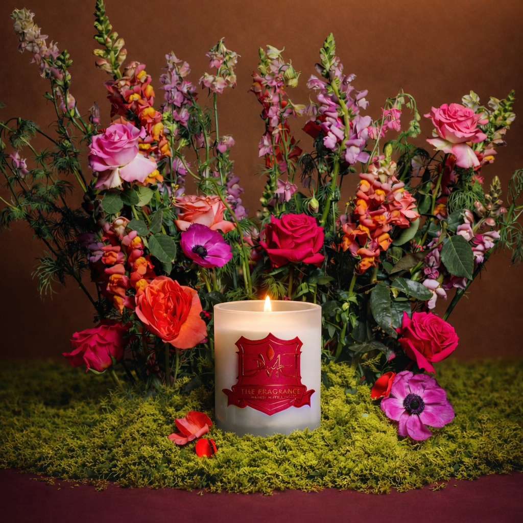 DMJ Home Fragrance luxury candle lit and styled with vibrant roses and wild florals on moss at Mood by DMJ in Lafayette, Louisiana, showcasing clean coconut wax candle artistry and elevated home fragrance design.