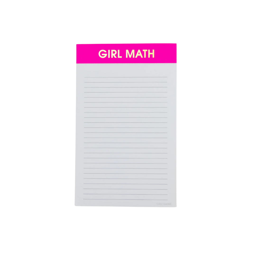 Bright pink Girl Math lined desk notepad for daily notes, budgeting, and humorous office stationery
