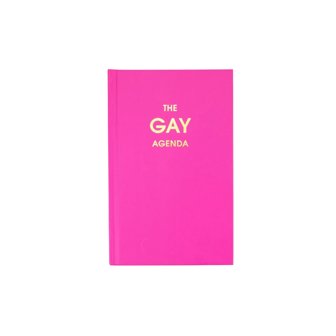 Neon rose hardcover journal titled The Gay Agenda displayed closed on a clean background