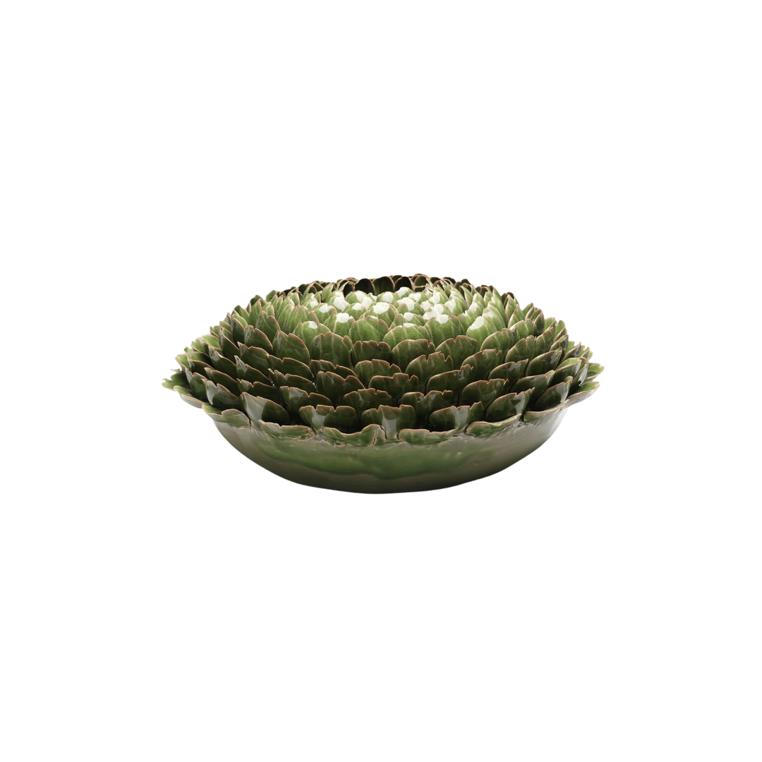 Artichoke ceramic vase with layered botanical design and reactive green glaze at Mood by DMJ in Lafayette, Louisiana.