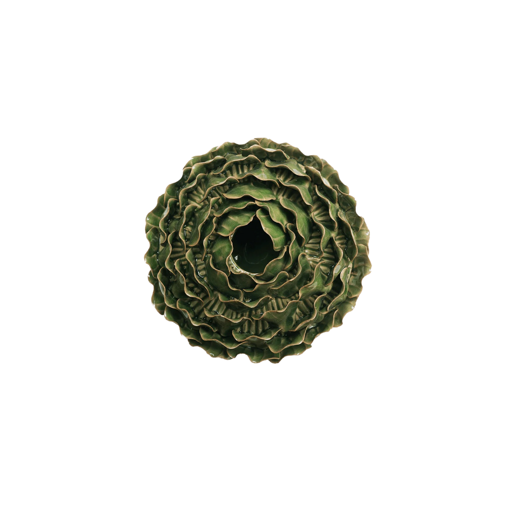 Artichoke ceramic vase with layered botanical design and reactive green glaze at Mood by DMJ in Lafayette, Louisiana.