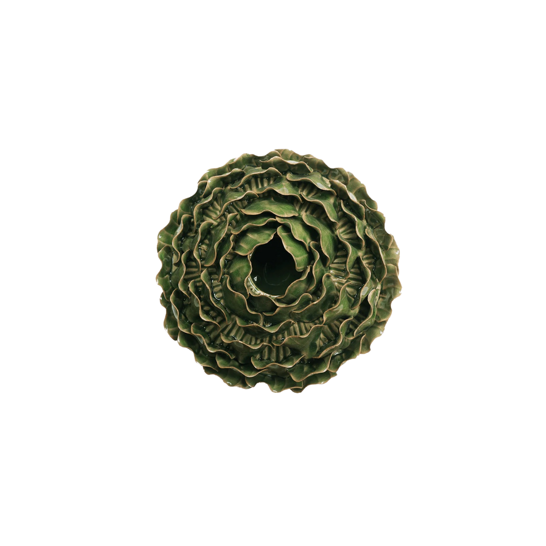 Artichoke ceramic vase with layered botanical design and reactive green glaze at Mood by DMJ in Lafayette, Louisiana.