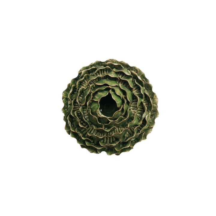 Artichoke ceramic vase with layered botanical design and reactive green glaze at Mood by DMJ in Lafayette, Louisiana.