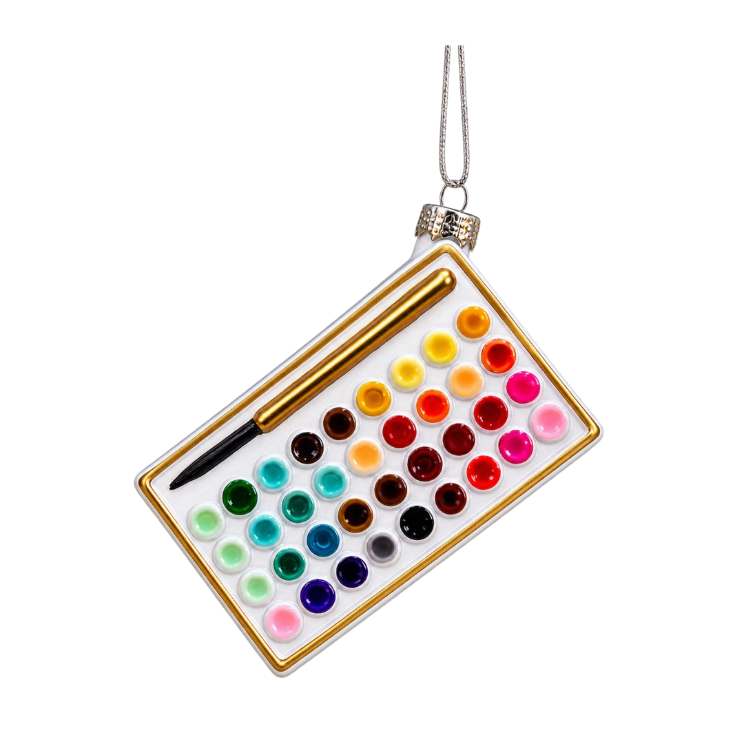 Cody Foster watercolor palette ornament from Mood by DMJ, hand-painted glass paint set with gold brush, Christmas gift for artists