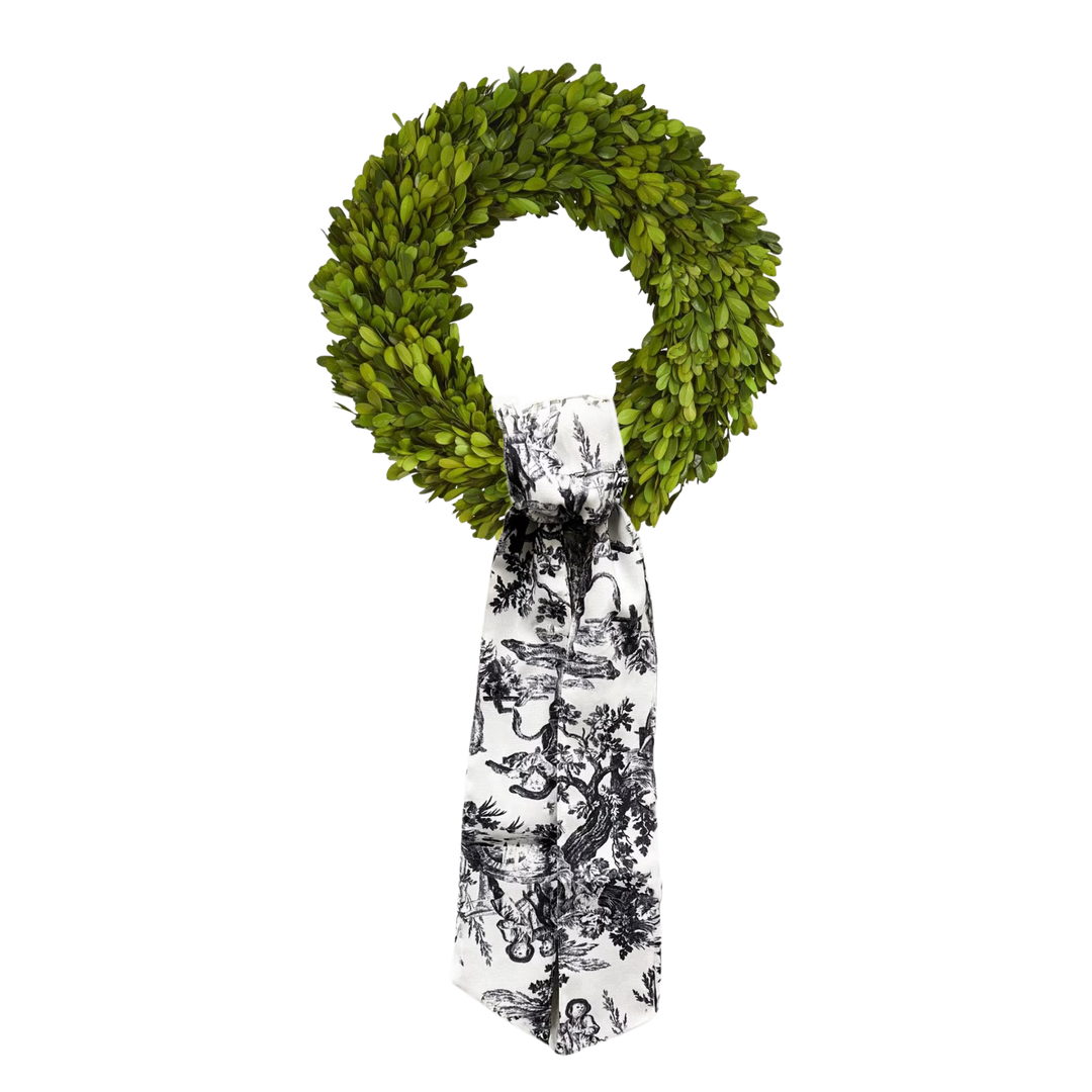 D. Stevens toile wreath sash on greenery wreath available at Mood by DMJ Lafayette