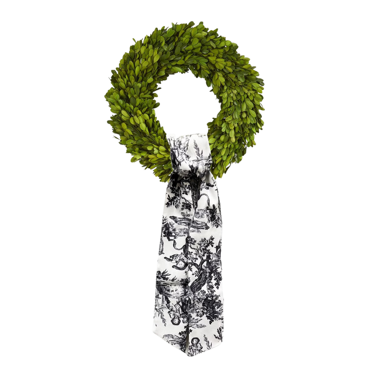 D. Stevens toile wreath sash on greenery wreath available at Mood by DMJ Lafayette
