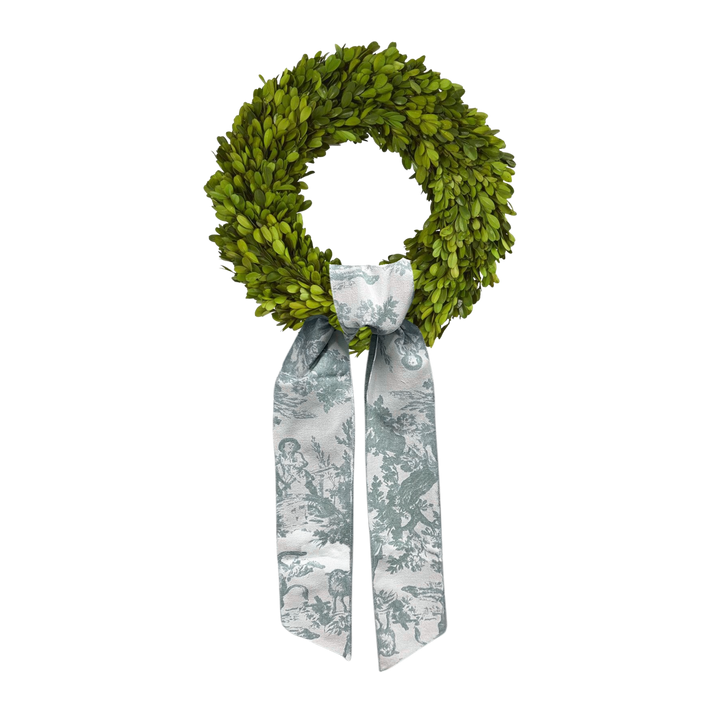 D. Stevens toile wreath sash on greenery wreath available at Mood by DMJ Lafayette