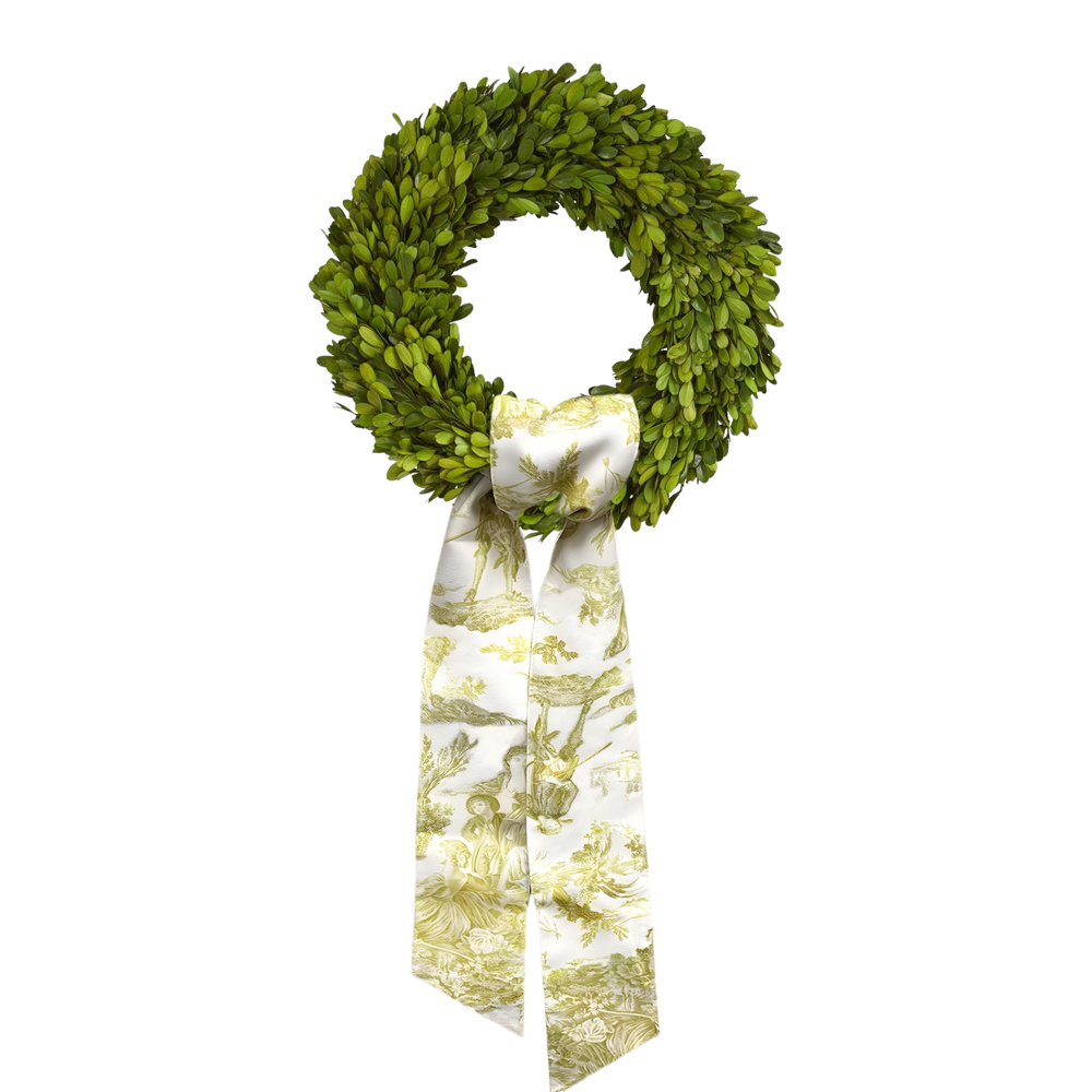 D. Stevens toile wreath sash on greenery wreath available at Mood by DMJ Lafayette