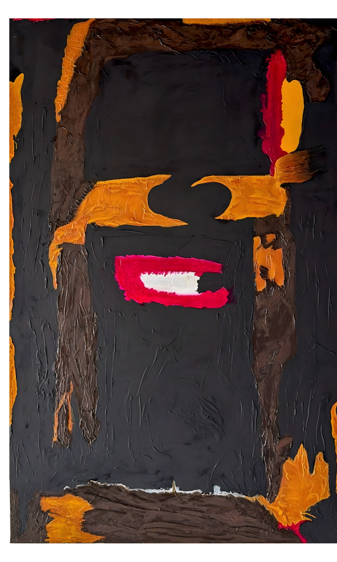 30x48 original mixed media abstract artwork by DMJ Art featuring a dark charcoal background, textured ochre and brown forms, and bold red accents in a figurative composition.