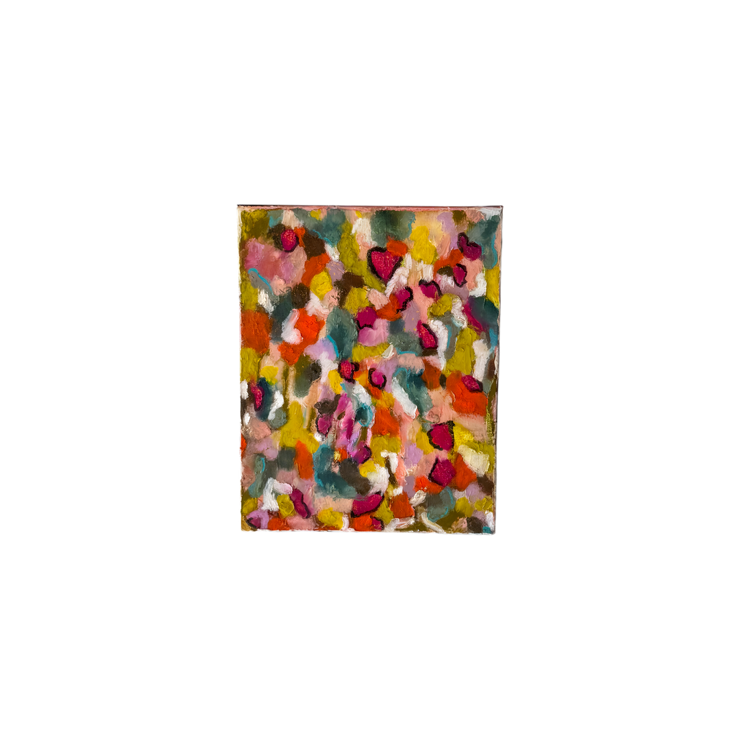 11x14 original oil pastel artwork by DMJ Art featuring layered strokes of green, pink, teal, coral, ochre, and magenta in an expressive abstract composition.