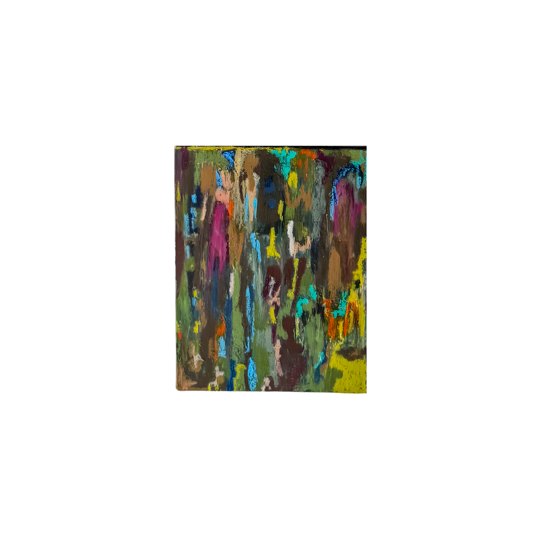 After the Rain 10x12 original mixed media abstract artwork by DMJ Art featuring layered vertical brushstrokes in green, brown, turquoise, plum, and ochre tones.