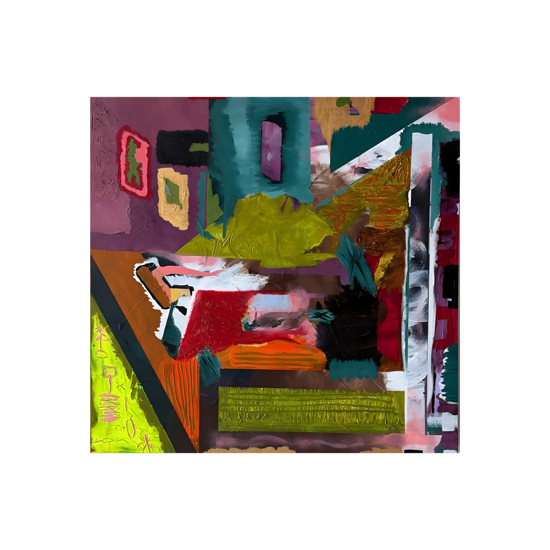 36x36 original mixed media abstract artwork by DMJ Art with layered geometric forms, textured details, and muted green, plum, teal, and warm red tones.