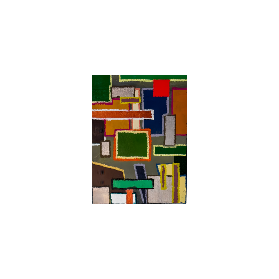 Linear Balance 11x14 original mixed media abstract artwork by DMJ Art featuring layered geometric rectangles in green, navy, ochre, brown, gray, and white with structured linear composition.