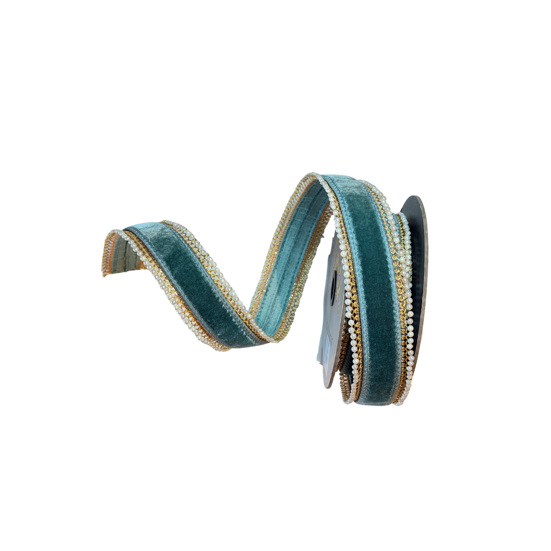 D. Stevens Celadon Velvet Ribbon with Pearl Side Trim – 1.5 inch x 5 yard wired luxury designer ribbon with pearl edging for wreaths, garlands, bows, and décor at Mood by DMJ Lafayette, Louisiana