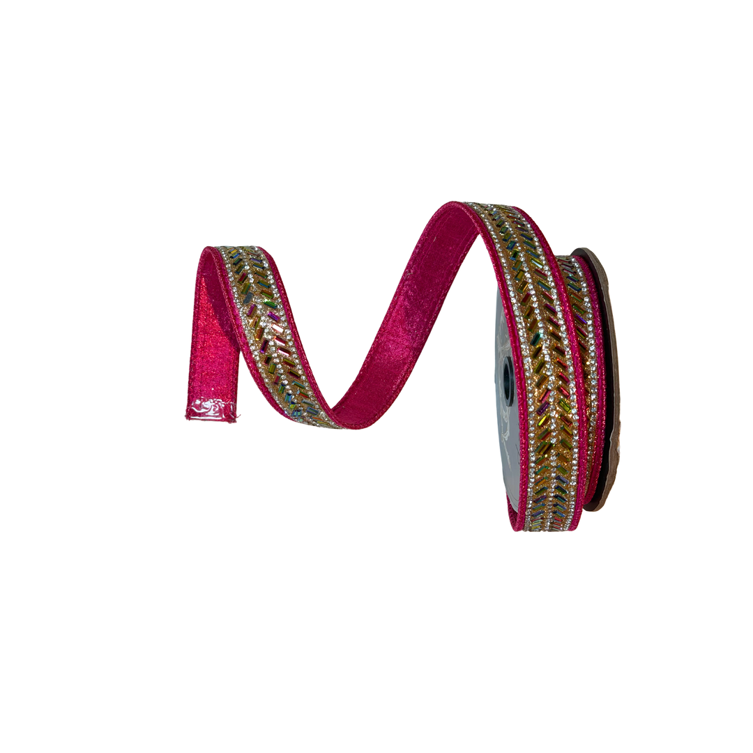 D. Stevens Hot Pink Metallic Dupioni Ribbon with Jeweled Herringbone Trim – 1 inch x 5 yard wired luxury designer ribbon for wreaths, garlands, trees, and bows at Mood by DMJ Lafayette, Louisiana