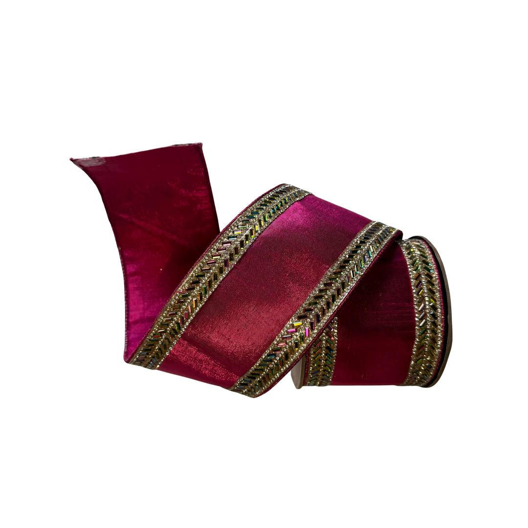 D. Stevens Hot Pink Metallic Dupioni Ribbon with Jeweled Herringbone Trim – 4 inch x 5 yard wired luxury designer ribbon with jeweled detail for wreaths, trees, garlands, and bows at Mood by DMJ Lafayette, Louisiana