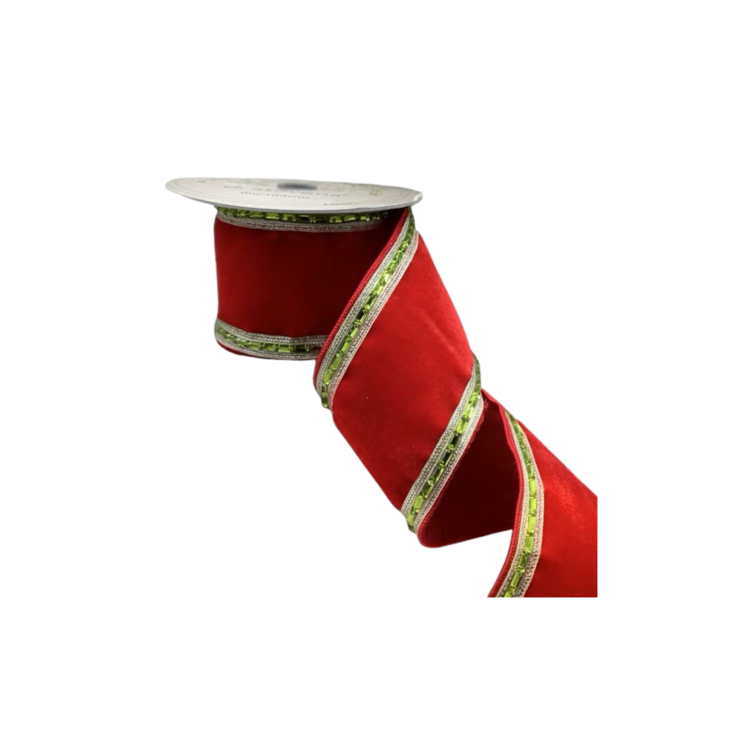 Red ribbon with green trim on a white background