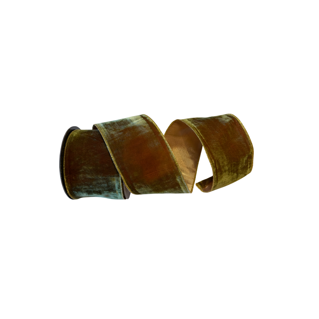 Coral Moss French Velvet Ribbon by D. Stevens – 4 inch x 10 yard hand-dyed luxury ribbon with green, brown, and red tones at Mood by DMJ.