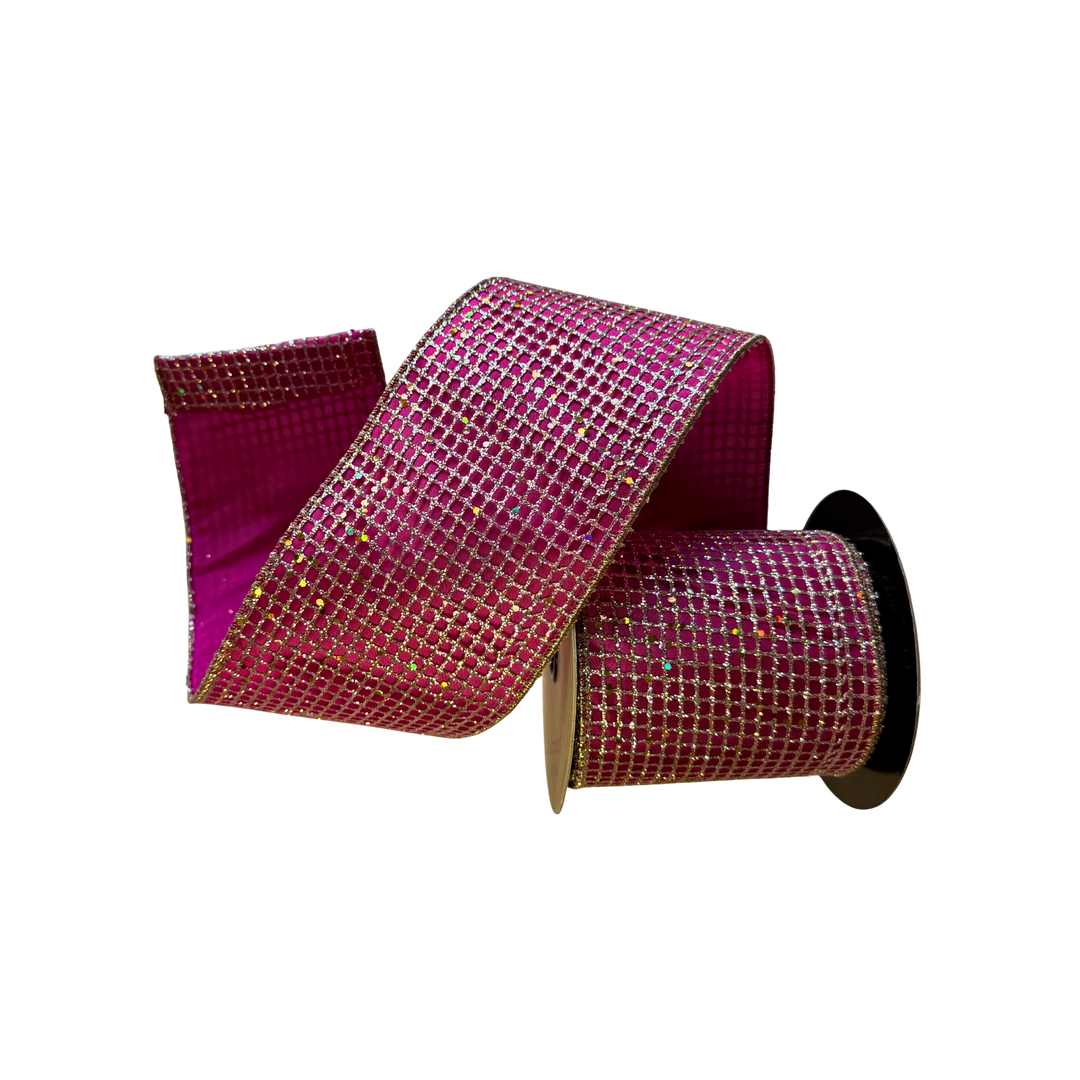 D. Stevens Hot Pink Taffeta Ribbon with Glitter Mesh – 4 inch x 10 yard wired luxury ribbon for wreaths, trees, garlands, and bows at Mood by DMJ Lafayette, Louisiana