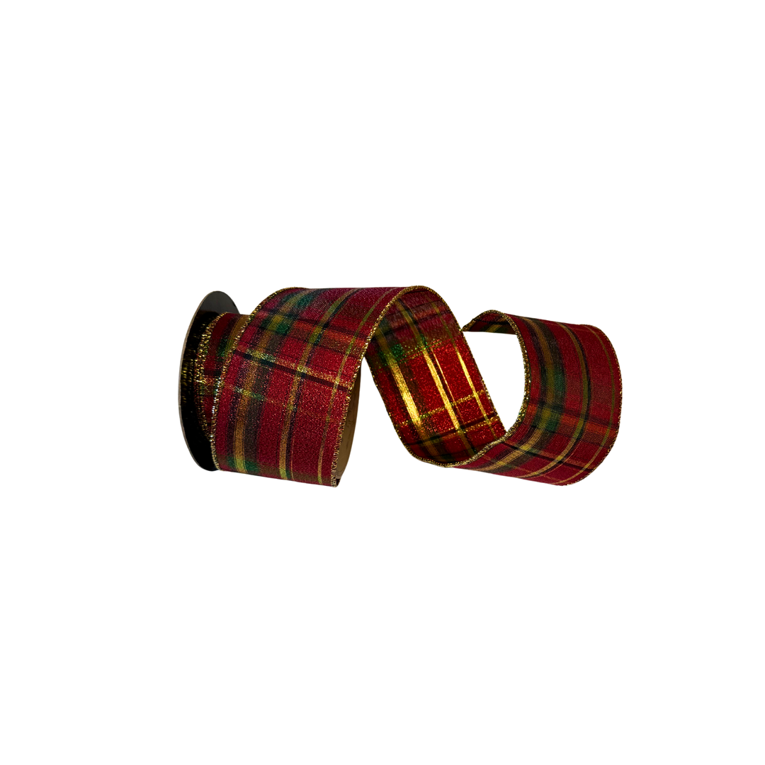 Green, red, and gold metallic plaid wired ribbon roll, 2.5-inch holiday ribbon for Christmas tree decorating, wreaths, and luxury seasonal styling.