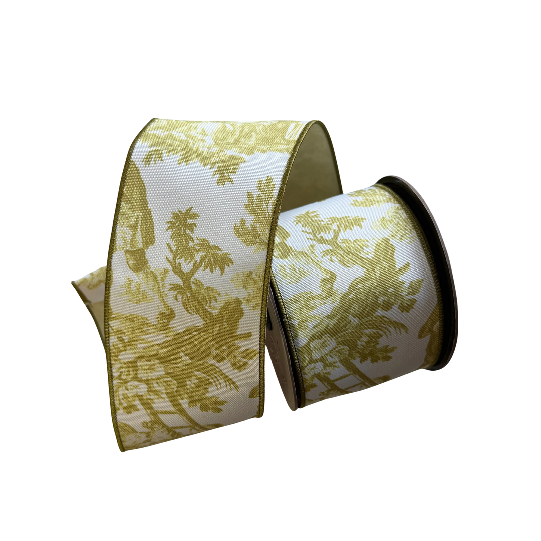 D. Stevens Green Toile Canvas Ribbon – 4 inch x 10 yard wired designer canvas ribbon with toile pattern for wreaths, trees, garlands, and bows at Mood by DMJ Lafayette, Louisiana